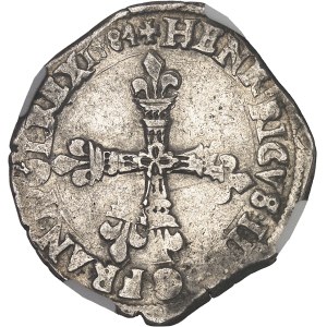 Henri III (1574-1589). Quart d’écu, double frappe décalée 1584, F, Angers.
