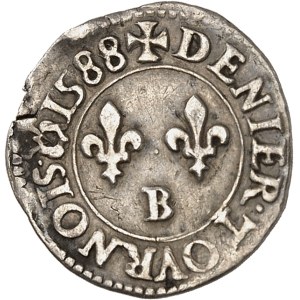 Henri III (1574-1589). Essai en argent du denier tournois 1588, B, Rouen.