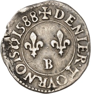 Henri III (1574-1589). Essai en argent du denier tournois 1588, B, Rouen.
