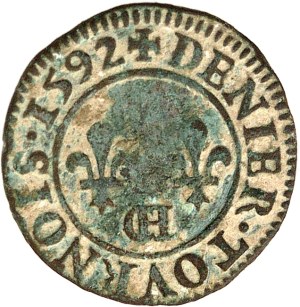 Henri IV (1589-1610). Denier tournois 1592, CH, Châlons-en-Champagne.