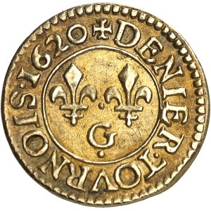 Louis XIII (1610-1643). Essai en argent de denier tournois, ou treizain de mariage 1620, G, Poitiers.