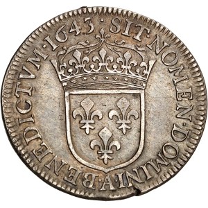 Louis XIV (1643-1715). Quart d’écu à la mèche courte 1643, A, Paris (point).