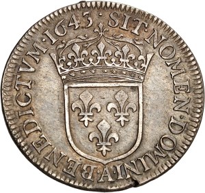 Louis XIV (1643-1715). Quart d'écu à la mèche courte 1643, A, Paris (point).