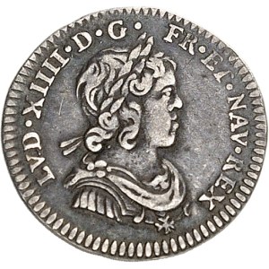 Louis XIV (1643-1715). Quarante-huitième d’écu à la mèche courte et légende longue (Essai) 1644, A, Paris (rose).