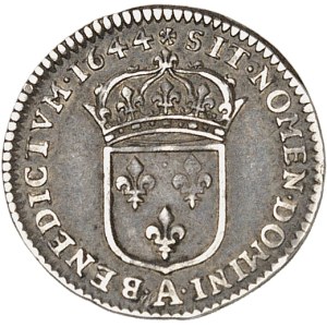 Louis XIV (1643-1715). Quarante-huitième d’écu à la mèche courte et légende longue (Essai) 1644, A, Paris (rose).