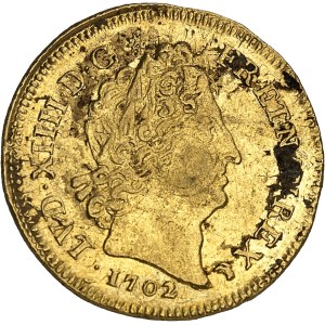 Louis XIV (1643-1715). Louis aux huit L et aux insignes, réformation 1702, D, Lyon.