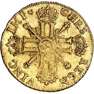Louis XIV (1643-1715). Louis d’or de Béarn aux huit L et aux insignes, flan neuf 1701, vache, Pau.