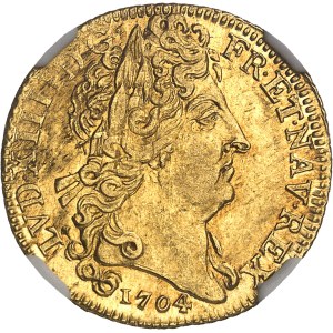 Louis XIV (1643-1715). Louis d’or aux insignes et aux cheveux longs, flan neuf 1704, A, Paris.