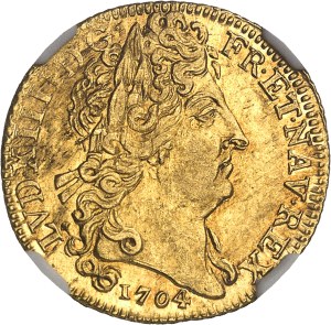 Louis XIV (1643-1715). Louis d'or aux insignes et aux cheveux longs, new flan 1704, A, Paris.