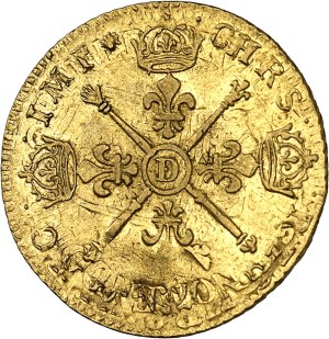 Louis XIV (1643-1715). Louis d'or aux insignes, reformation 1705, D, Lyon.