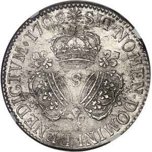Louis XIV (1643-1715). Écu aux trois couronnes 1709, S, Reims.