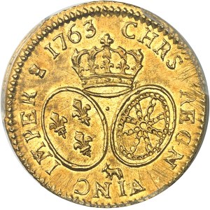 Louis XV (1715-1774). Louis d’or de Béarn au bandeau 1763, vache, Pau.