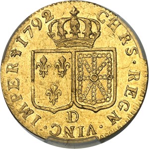 Louis XVI (1774-1792). Louis d’or à la tête nue 1792, 2d semestre, D, Lyon.