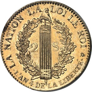 Constitution (1791-1792). 2 sols FRANÇOIS, brass refrappe 1792 - An 4, H, La Rochelle.