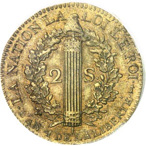 Constitution (1791-1792). 2 sols FRANÇOIS, refrappe postérieure 1792 - An 4, AA, Metz.