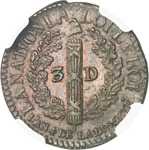 Constitution (1791-1792). 3 deniers FRANÇOIS 1792, 2nd semester - An 4, D, Lyon.