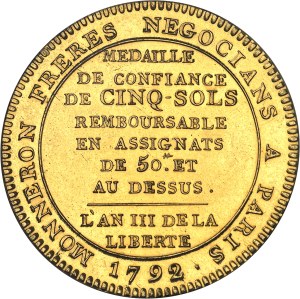 Constitution (1791-1792). Monneron de cinq sols au serment, in gilt bronze, Frappe spéciale (SP) 1792 - L'An III, Birmingham.