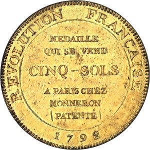 Constitution (1791-1792). Five sols de Monneron au serment, in gilt bronze, Frappe spéciale (SP) 1792, An IV, Birmingham.