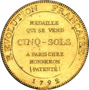 Constitution (1791-1792). Five sols de Monneron au serment, in gilt bronze, Frappe spéciale (SP) 1792 - L'An IV, Birmingham.