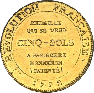 Constitution (1791-1792). Cinq sols de Monneron à l'Hercule, in gilt bronze, Frappe spéciale (SP) 1792 - An IV, Birmingham.