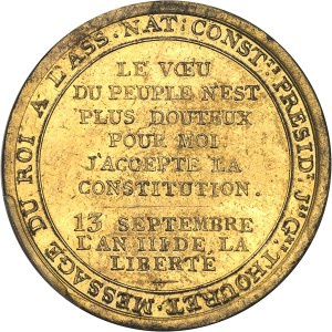 Constitution (1791-1792). Essai de Monneron au serment du Roi, by Dupré, in gilt bronze, Frappe spéciale (SP) 1791 - An 3, Birmingham.