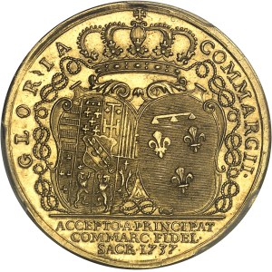 Lorraine (duché de), François III (1729-1737). Médaille d’Or, Élisabeth-Charlotte d’Orléans duchesse douairière reçoit la principauté de Commercy, par Saint-Urbain 1737, Nancy.