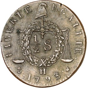 Convention (1792-1795). 1/2 sol aux balances, refrappe postérieure 1793 - An II [c.1848], H, La Rochelle.