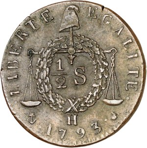 Convention (1792-1795). 1/2 sol aux balances, later refrappe 1793 - An II [c.1848], H, La Rochelle.