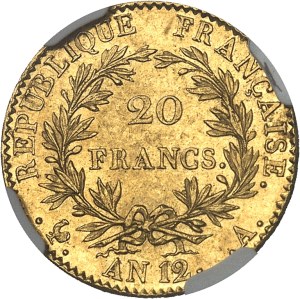 Consulate (1799-1804). 20 francs Bonaparte, Premier Consul An 12 (1804), A, Paris.