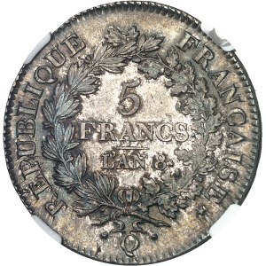 Consulat (1799-1804). 5 francs Union et Force An 8 (1800), Q, Perpignan.