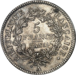 Consulate (1799-1804). 5 francs Union et Force An 11 (1803), A, Paris.