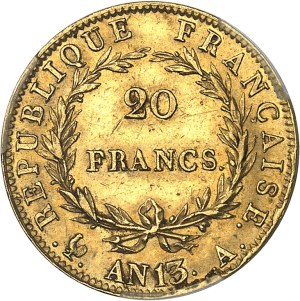 First Empire / Napoleon I (1804-1814). 20 francs bareheaded, revolutionary calendar Year 13 (1805), A, Paris.