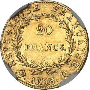 Premier Empire / Napoléon Ier (1804-1814). 20 francs tête nue, calendrier révolutionnaire An 13 (1805), Q, Perpignan.