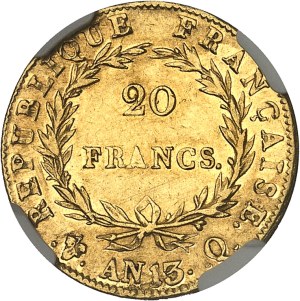 First Empire / Napoleon I (1804-1814). 20 francs bareheaded, revolutionary calendar Year 13 (1805), Q, Perpignan.