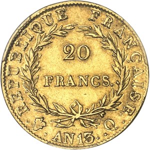 Premier Empire / Napoléon Ier (1804-1814). 20 francs tête nue, calendrier révolutionnaire An 13 (1805), Q, Perpignan.