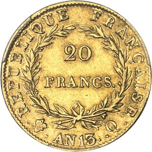 First Empire / Napoleon I (1804-1814). 20 francs bareheaded, revolutionary calendar Year 13 (1805), Q, Perpignan.
