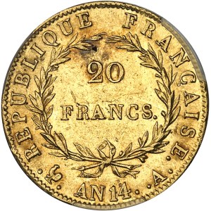 Premier Empire / Napoléon Ier (1804-1814). 20 francs tête nue, calendrier révolutionnaire An 14 (1806), A, Paris.