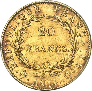 First Empire / Napoleon I (1804-1814). 20 francs barehead, revolutionary calendar, medal strike Year 14 (1806), Q, Perpignan.