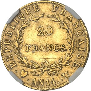 Premier Empire / Napoléon Ier (1804-1814). 20 francs tête nue, calendrier révolutionnaire An 14 (1806), U, Turin.