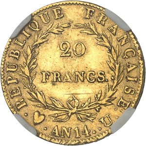 First Empire / Napoleon I (1804-1814). 20 francs bareheaded, revolutionary calendar Year 14 (1806), U, Turin.