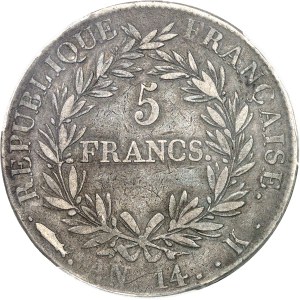 Premier Empire / Napoléon Ier (1804-1814). 5 francs tête nue, calendrier révolutionnaire An 14 (1805), K, Bordeaux.