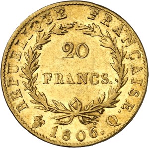 First Empire / Napoleon I (1804-1814). 20 francs barehead, 1806 Gregorian calendar, Q, Perpignan.