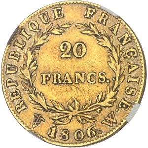 Premier Empire / Napoléon Ier (1804-1814). 20 francs tête nue, calendrier grégorien 1806, W, Lille.