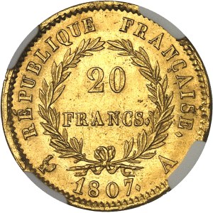 Premier Empire / Napoléon Ier (1804-1814). 20 francs type transitoire, grosse tête 1807, A, Paris.