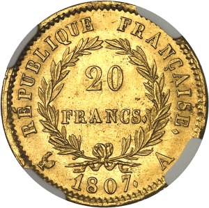 First Empire / Napoleon I (1804-1814). 20 francs type transitoire, grosse tête 1807, A, Paris.