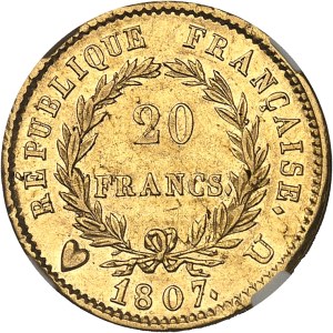 First Empire / Napoleon I (1804-1814). 20 francs transitory type, large head 1807, U, Turin.