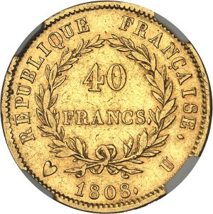First Empire / Napoleon I (1804-1814). 40 francs République 1808, U, Turin.