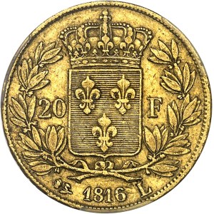 Louis XVIII (1814-1824). 20 francs tête nue 1816, L, Bayonne.