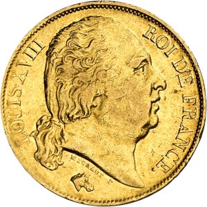 Louis XVIII (1814-1824). 20 francs bare head 1824, MA, Marseille.