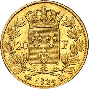Louis XVIII (1814-1824). 20 francs bare head 1824, MA, Marseille.